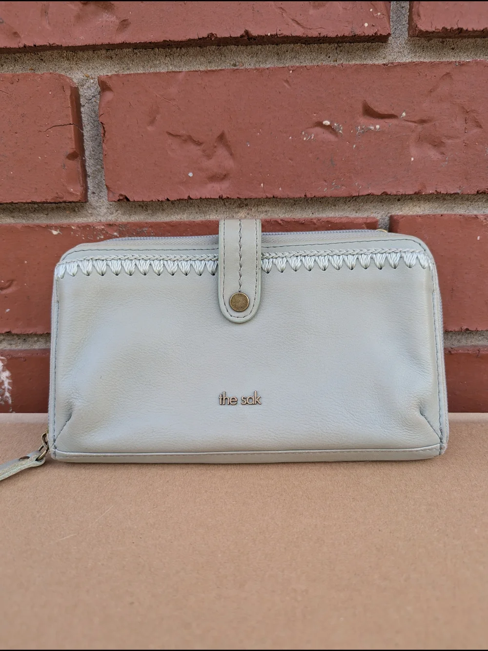 The Sak Iris Leather Large Smartphone Crossbody Wallet Sage Gray Wristlet Bag